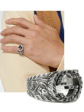 GUCCI RING MENS STERLING SILVER INTERLOCKING GG LOGO PAISLEY sz 19 US 8 3/4